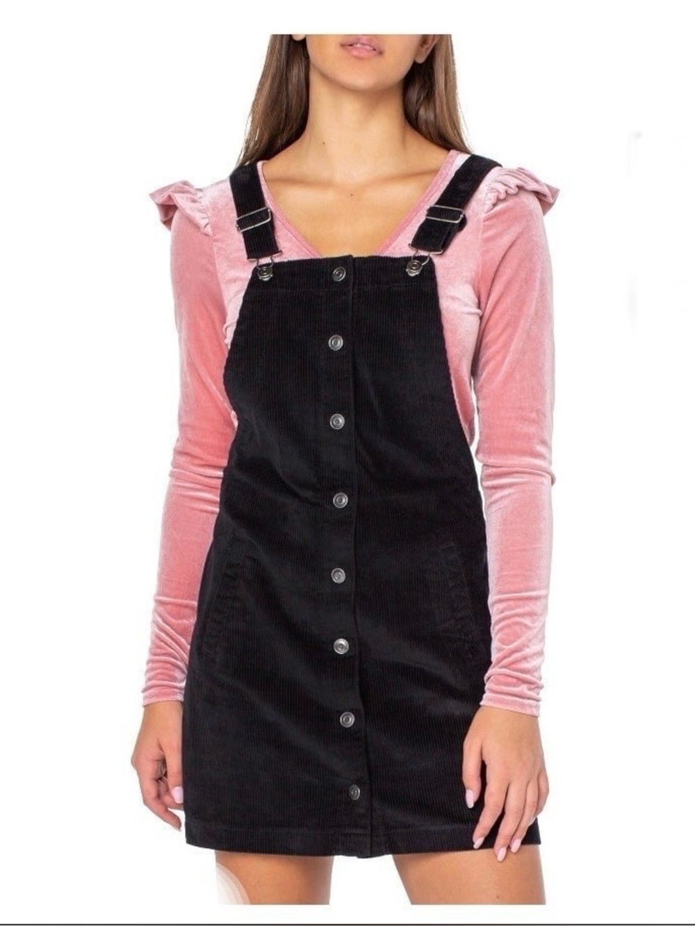 Celebrity Pink Black Corduroy Button-Front Pinafore Overall Dress Size XS Preppy